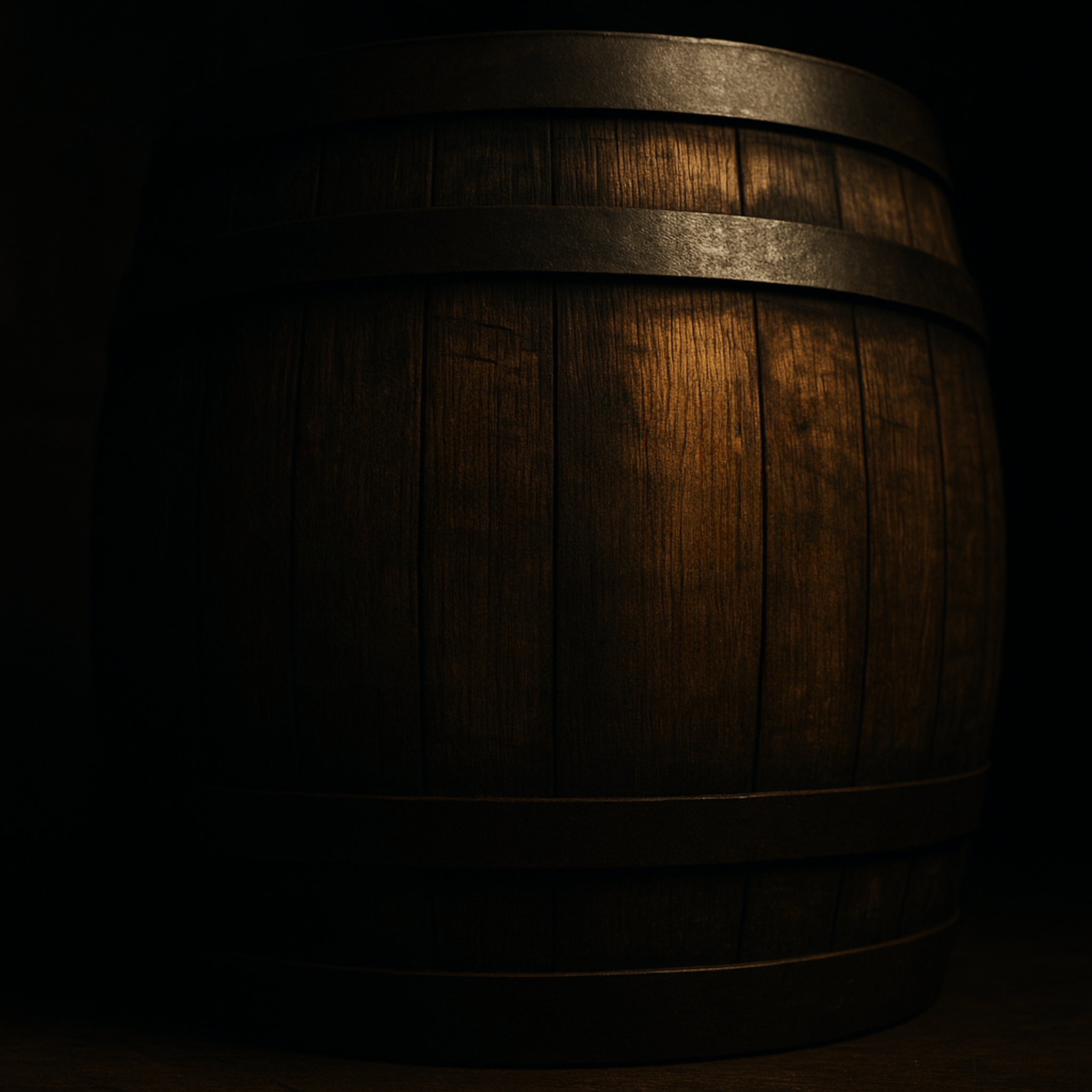 Rows of oak casks aging in a distillery warehouse